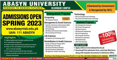 Abasyn University Bs Ms Mphil Admissions