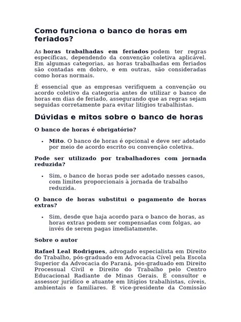 Banco De Horas No Feriado E Dobrado - Banco de Horas em Feriados: Regras e Mitos | PDF | Advogado | Férias ...
