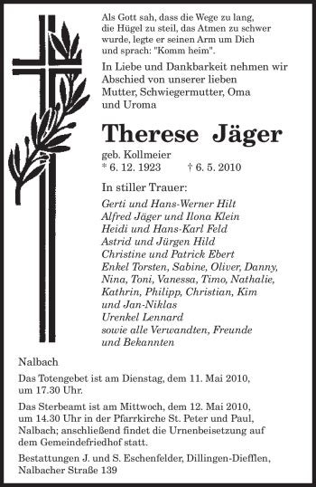 Traueranzeigen Von Therese J Ger Saarbruecker Zeitung Trauer De