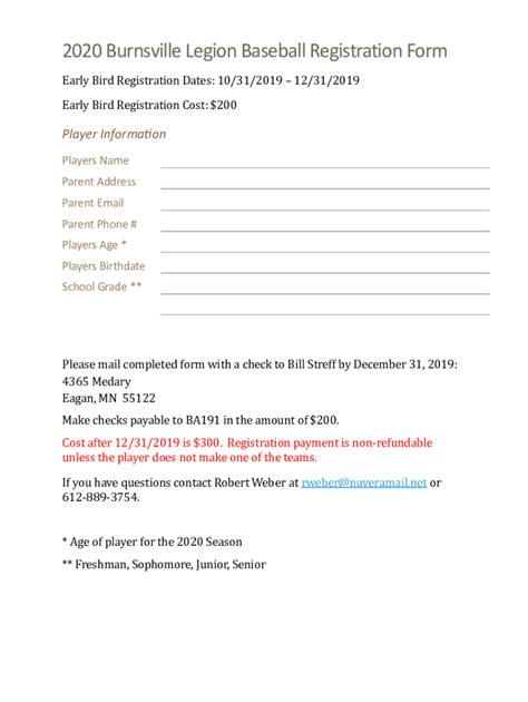 Fillable Online 2020 Burnsville Legion Baseball Registration Form Fax