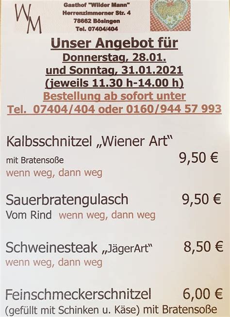 Speisekarte von Gasthof Wilder Mann restaurant Bösingen