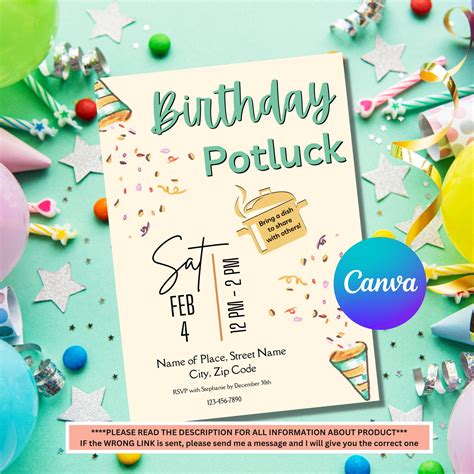 Birthday Potluck Invitation Template Birthday Party Potluck Invite ...