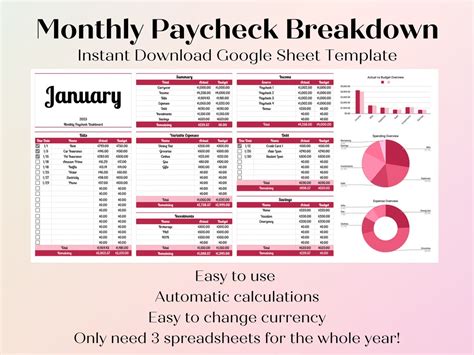 paycheck breakdown spreadsheet  google sheets bi weekly etsy