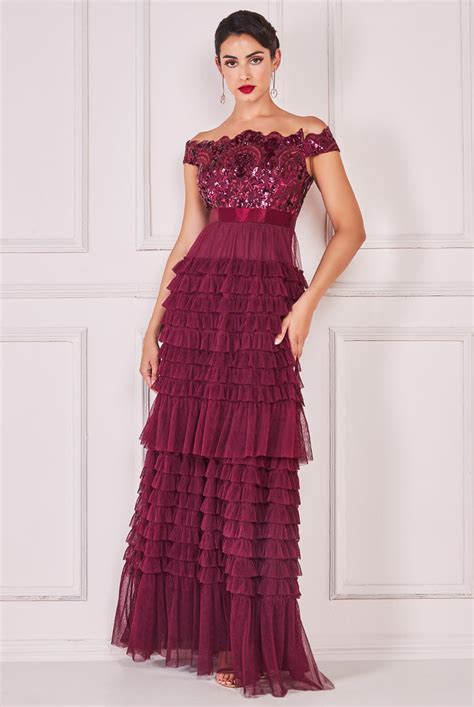 Wholesale Sequin Embroidered Scallop Bardot Tiered Ruffles Maxi Dress