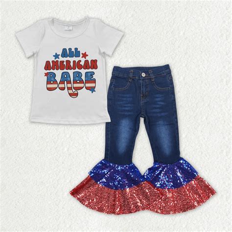 Gspo1623 Baby Girl Clothes 4th Of July Patriotic Girl Bell Bottoms Jea