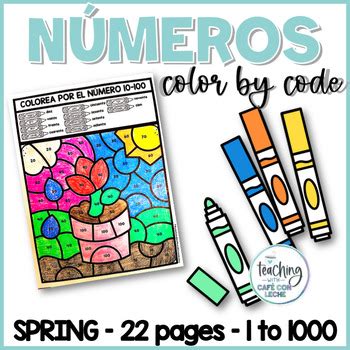 Numbers in Spanish Spring Color by Code Colorea por código en español