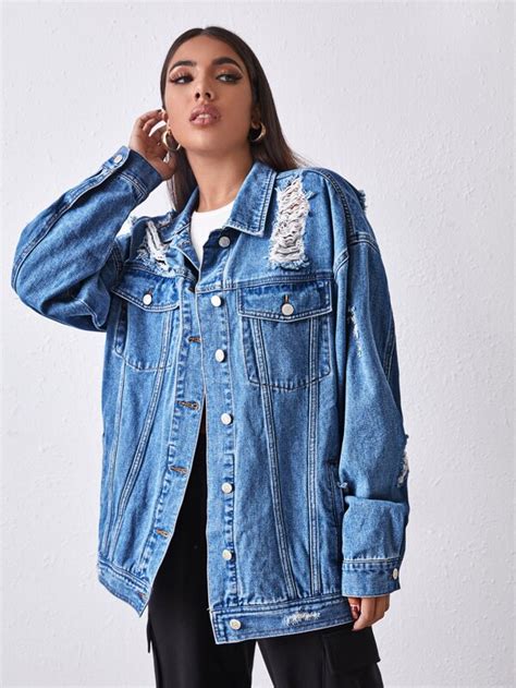 Shein Essnce Ripped Detail Drop Shoulder Denim Jacket Shein Usa