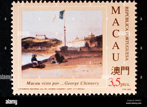 Macau Postage Stamp With Historic Theme In Studio Setting Stock Photo