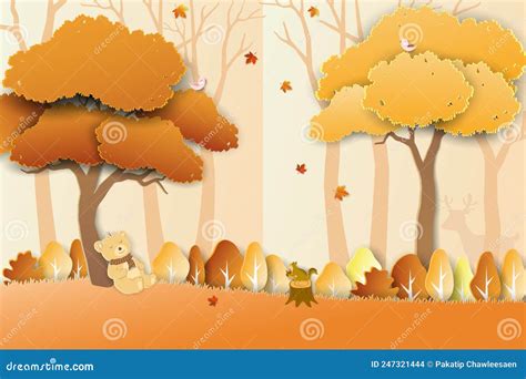 Paper Art Style Of Autumn Landscape With Cute Bear On Sweet Dream