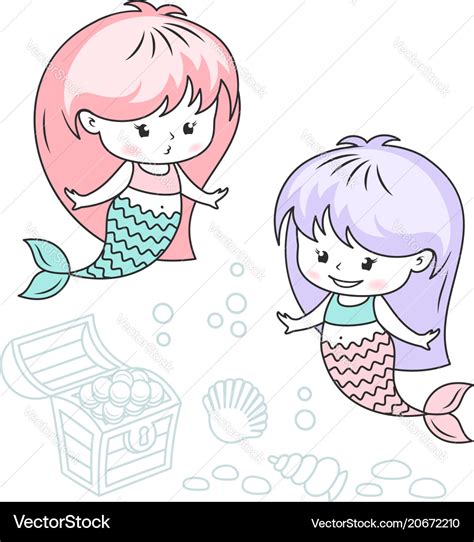 Little Mermaids With Treasures Cartoon Royalty Free Vector