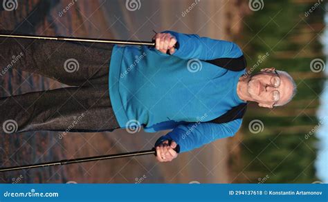 Vertical Video Pov Active Grandfather Backpacker Posing With