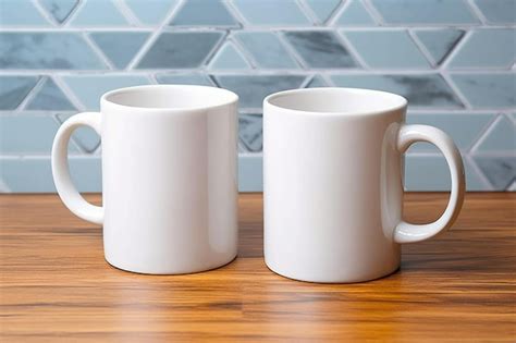 Premium Photo There Are Two White Coffee Mugs Sitting On A Wooden