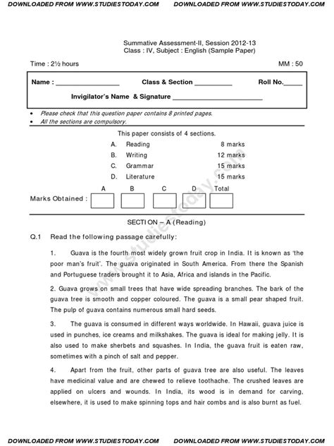 Cbse 4th Standard English Grammar Worksheets