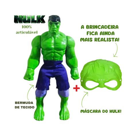 Kit Hulk c Máscara Boneco Grande 30 cm Brinquedo100 Articulado Heróis