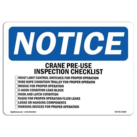 Osha Notice Sign Notice Crane Pre Use Inspection Checklist Decal