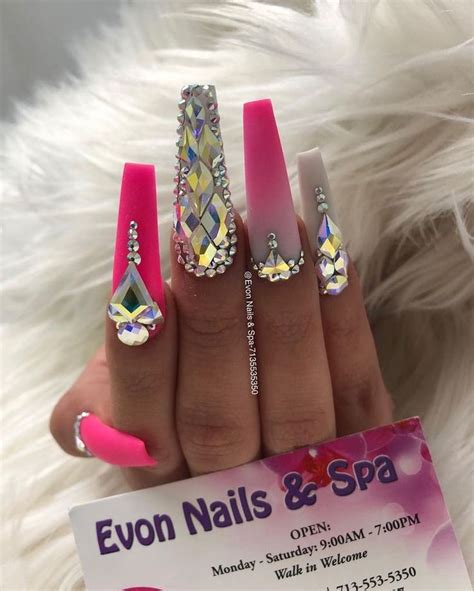 Long Pink Rhinestone Ombré Nails Bling Acrylic Nails Classy Nail Art