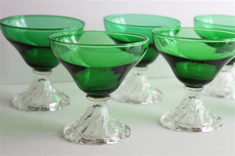 Vintage Forest Green Clear Stem Sherbets Or Champagne Glasses Anchor Hocking Burple