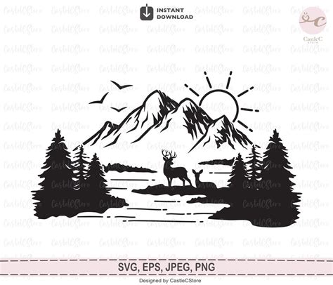 Mountain And Tree Svg Mountain Scene Svg Deer Svg Sun Etsy