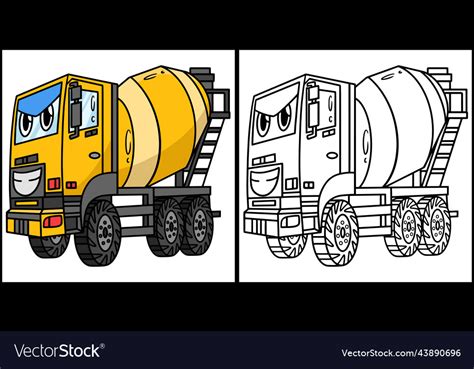 Concrete Mixer With Face Vehicle Coloring Page Vector Image