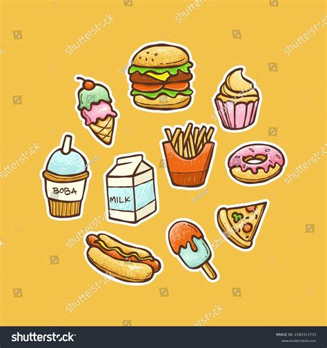 Cute Fastfood Doodle Sticker Set Stock Vector Royalty Free 2180313733