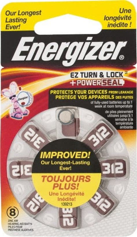 Energizer Pack Of 8 Size 312 Zinc Air Hearing Aid Batteries 14 Volts Button Tab Terminal