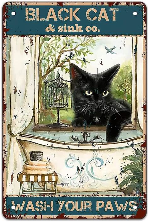 Alrens Funny Bathroom Metal Tin Signs Black Cat Wash Your Paws Vintage