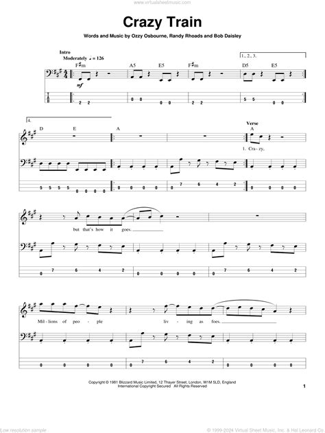 Crazy Train Sheet Music For Bass Tablature Bass Guitar Pdf