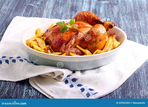 Roast Chicken And Potato Chips Stock Image Image Of Grill Dinner