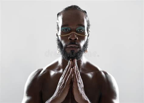Shirtless Black Gay Model Posing On Stool In Blue Studio Stock Image Image Of Provocative
