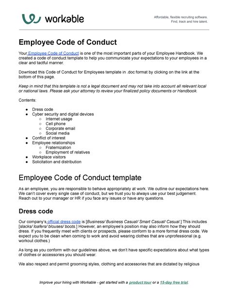 Employee Code Of Conduct Template