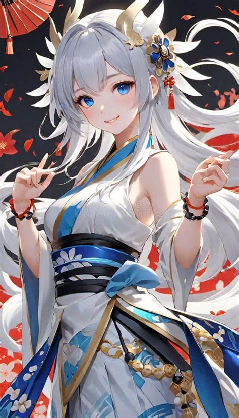 One Anime Girl in Casual Hairstyle, White Hair, Blue Eyes, Traditional ...