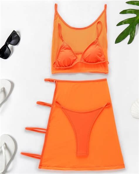 Emmiol Free Shipping 2024 Three Piece Mesh Bandage Neon Bikini Orange S