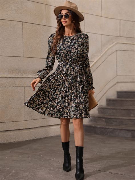 Shein Lune Ditsy Floral Print Tie Back Flounce Sleeve Dress Shein Usa