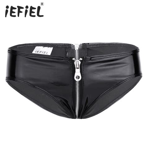 Women Shiny Patent Leather Lingerie Zipper Crotch Low Rise Bikini