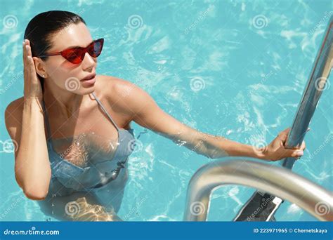 Beautiful Woman In Bikini Getting Out Of Pool Stock Image Image Of