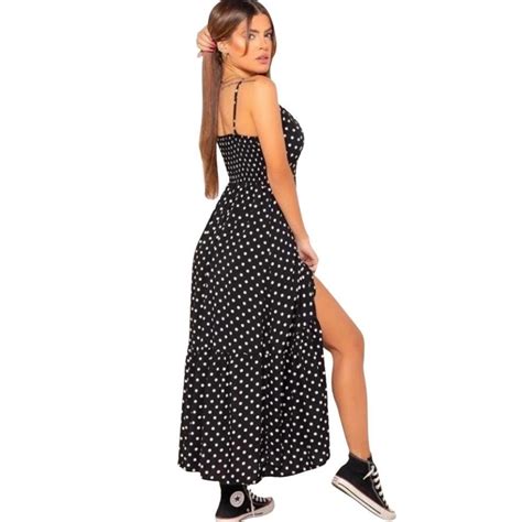 Vestido Longo Feminino Lastex Costas Alcinha Soltinho Poa Preto