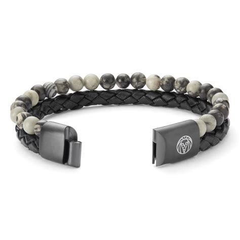 Icon Black Leather And Grey Jasper Double Bracelet In Stock