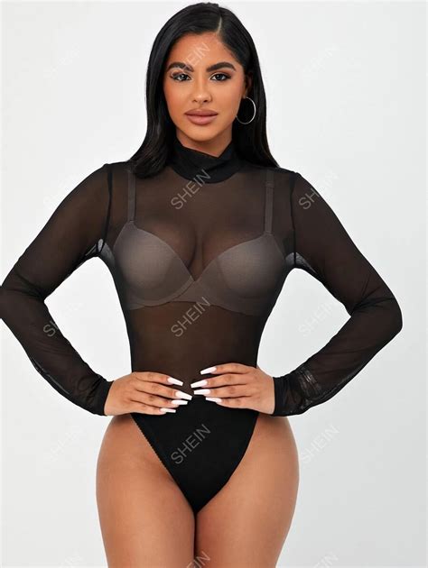 Shein Sxy Mesh Panel See Through Bodysuit Without Bra Shein Usa