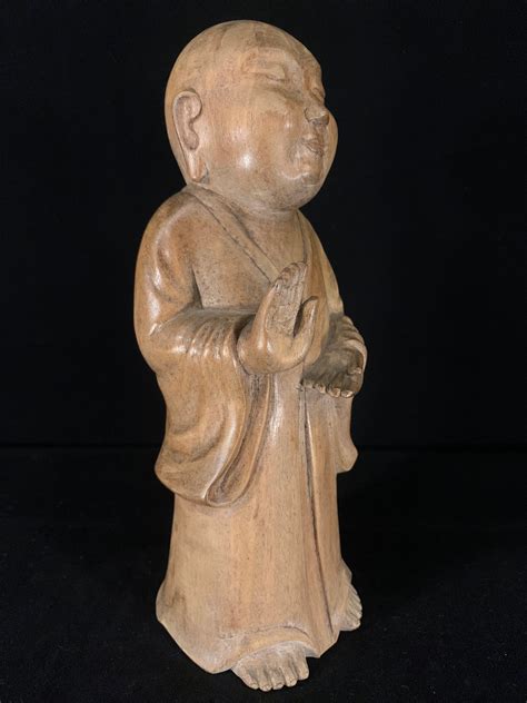 Japanese Buddha Sculpture Wooden Jizo Figurine Jizo Buddha Wooden Statue Hand Carved Unique