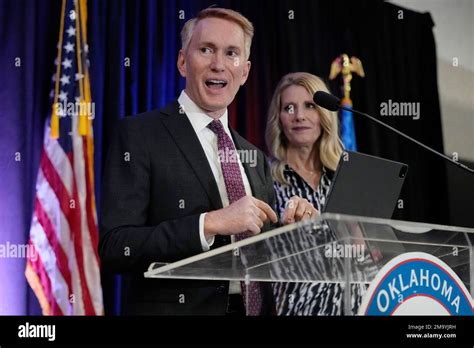 U.S. Sen. James Lankford gives his victory speech with his wife Cindy ...