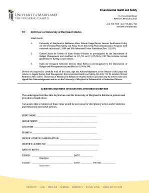 Fillable Online Ehs Umaryland Authorized Drive Acknowledgement Form