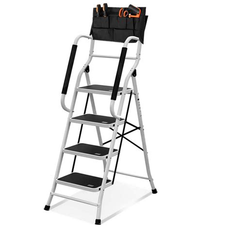 4 Step Ladder With Handrails Folding Step Stool With Attachable Tool