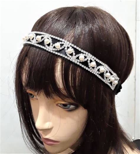 Silver Clear Crystal Rhinestone Metal Headband Hair Chain Stretch