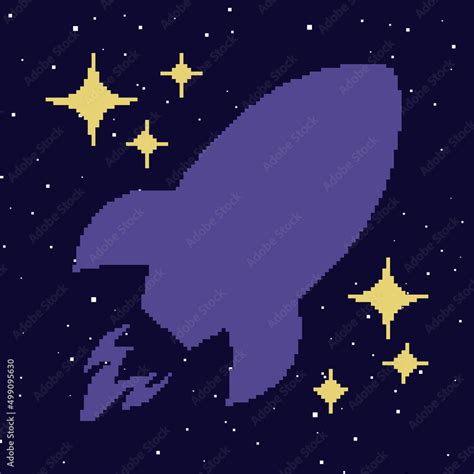 Pixel rocket. Cartoon rocket with stars. Pixel art style 8 bit. Stock ...