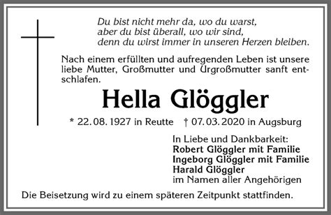 Traueranzeigen Von Hella Gl Ggler Allg Uer Zeitung