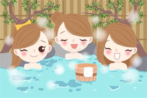 Cartoon Girls With Hot Spring Stock Vector Illustration Of Bestie Leaf 122672948