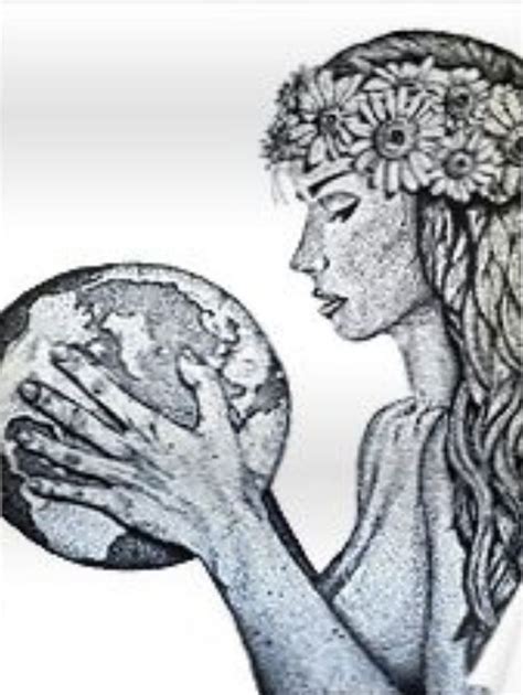 Mother Earth Drawing with Globe and Flowers