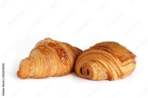 Viennoiserie Petit Pain Au Chocolat And Croissant Isolated On White