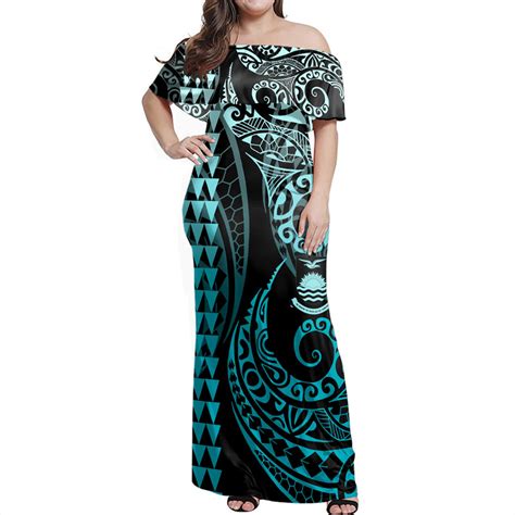 Kiribati Off Shoulder Long Dress Kakau Style Turquoise