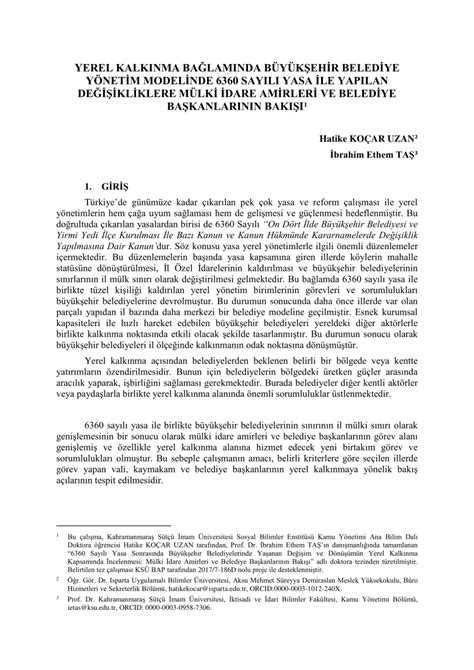 PDF YEREL KALKINMA BAĞLAMINDA BÜYÜKŞEHİR BELEDİYE YÖNETİM MODELİNDE